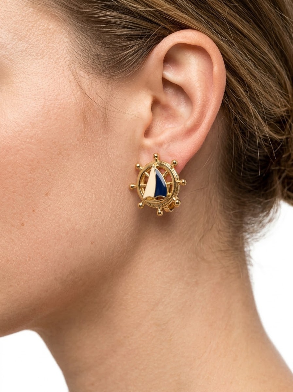 Avon Gold Sailboat Wheel Earrings with Blue Enamel Accent